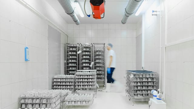 Blurred worker in a cold storage facility with shelves of perishable goods, emphasizing motion and efficiency.