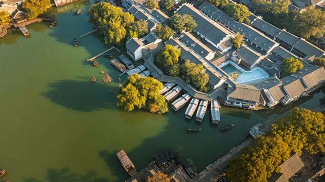 Scenic aerial view showcasing Jia Xing Shi's historical canals and traditional architecture.