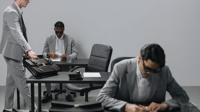 Business office with diverse employees in gray suits working at desks in an indoor setting.