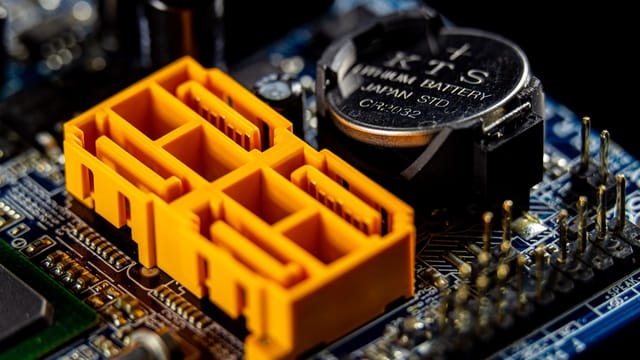 Close-up view of a motherboard with visible electronic components and connectors.