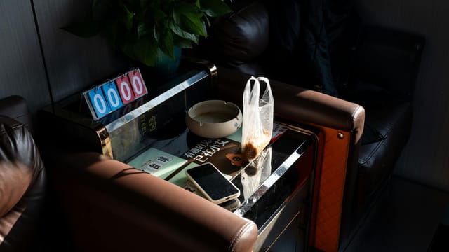 A relaxing lounge corner in Shanghai featuring snacks, a smartphone, and decorative plants.
