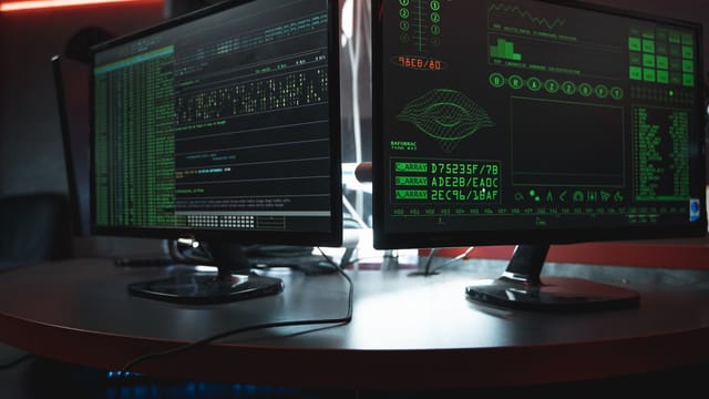Illustrative image: Close-up of dual computer monitors with green coding interfaces in a dark room, highlighting cyber security themes.