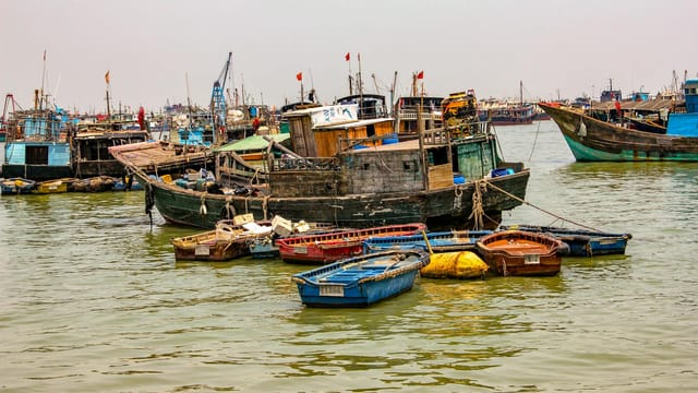 Explore traditional fishing boats docked in Zhuhai, China, showcasing vibrant maritime culture.