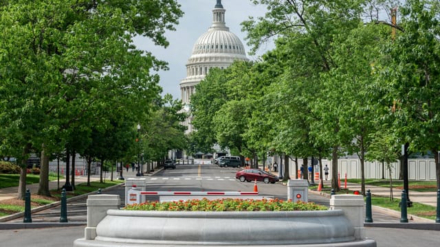 View of the US Capitol Building surrounded by trees in Washington DC.