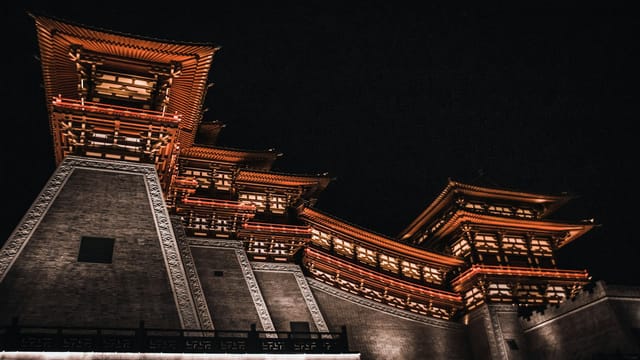 Stunning low angle shot of traditional Chinese architecture in Luoyang, China, illuminated at night.