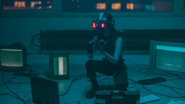 A woman crouching with VR headset in a sci-fi room filled with digital screens.