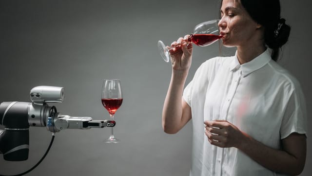 A woman in a white shirt drinking red wine interacts with a robot arm holding a wine glass.