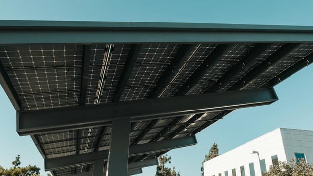 A contemporary solar panel installation in a city environment, showcasing renewable energy.
