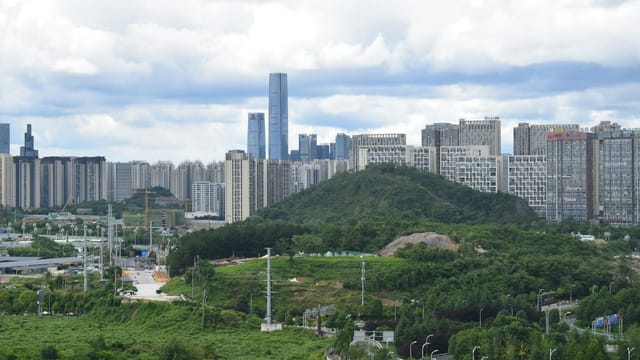 A city skyline merges with nature, featuring skyscrapers behind lush green hills.