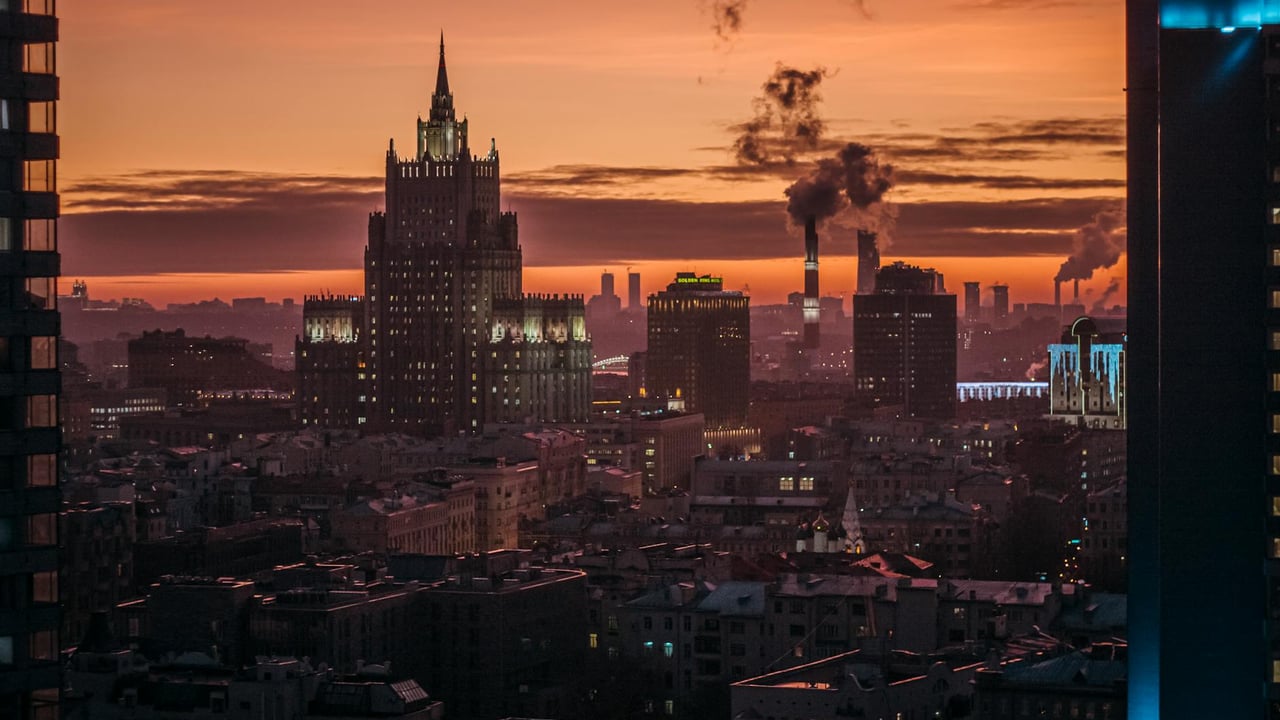 Stunning view of Moscow's skyline at twilight, featuring iconic architecture.