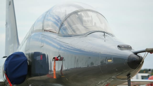 Front view of a military fighter jet at Hampton air show in Virginia.