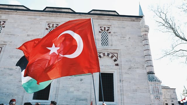 Crowd at a public rally with Turkish flag, near an iconic Istanbul mosque.
