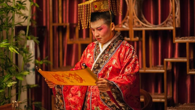 A person in traditional Chinese costume reading a scroll in a decorated room.
