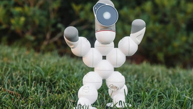 Innovative humanoid robot toy on grass, showcasing modern technology and design.
