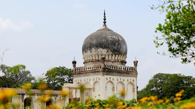 Beautiful view of Qutb Shahi Tombs with vibrant greenery and flowers.