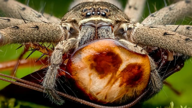 Extreme close-up of a wolf spider feasting, showcasing its intricate details.