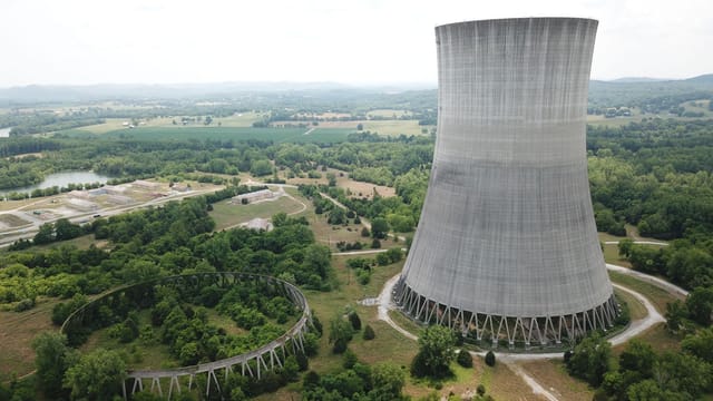 Abandoned cooling tower amidst greenery, showcasing industrial architecture in a serene outdoor setting.