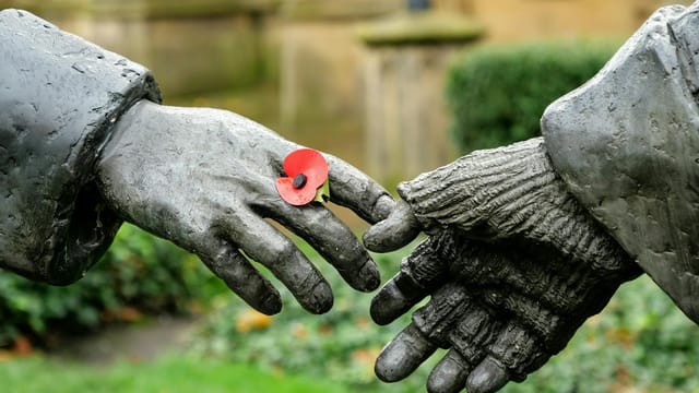 Close-up of statue hands holding a poppy flower symbolizing remembrance in Liverpool.