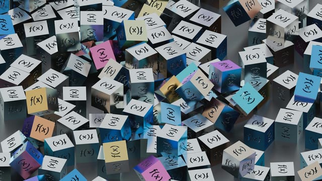 A vibrant collection of cubes with f(x) functions creates a visual mathematical pattern.