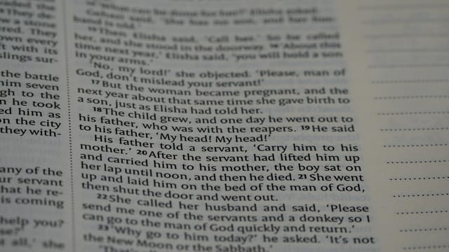 A detailed shot of text from the Bible, suitable for religious study and education.