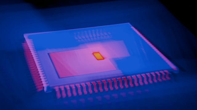 Blurred abstract image of a microchip with heatmap colors highlighting technological innovation.