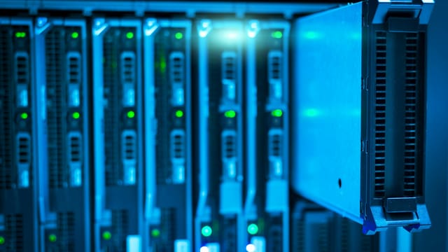 Detailed view of a server rack with a focus on technology and data storage.