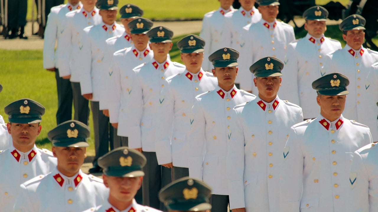 Chilean servicemen in ceremonial formation at military parade in Maipú, Chile.