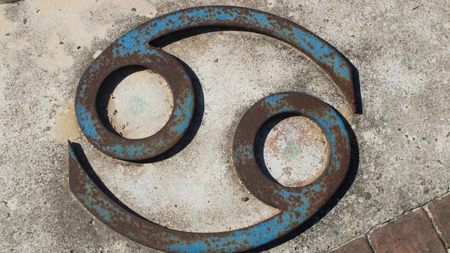 Close-up of a rusted Cancer zodiac symbol on a concrete wall.