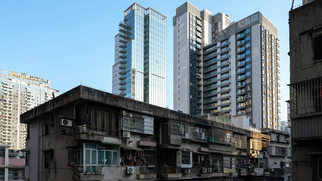 A striking view of old and modern buildings in Guangzhou, China.