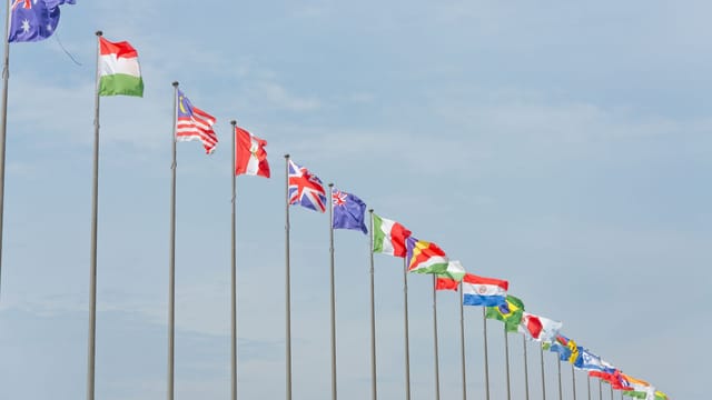 A series of international flags flying in a line against a clear blue sky, symbolizing global unity.