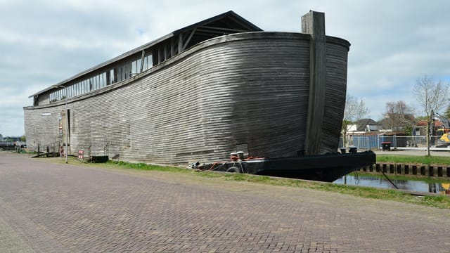 Wooden replica of Noah's Ark on display outdoors, showcasing impressive craftsmanship.