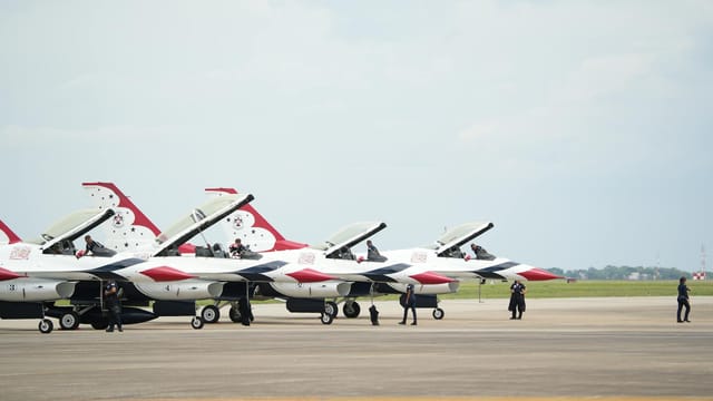 US Air Force Thunderbirds jets lined up during an airshow in Hampton, Virginia.