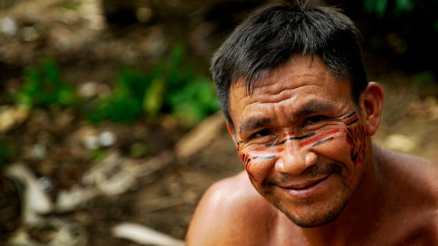 Portrait of an indigenous man in the Amazon, showcasing traditional face paint.