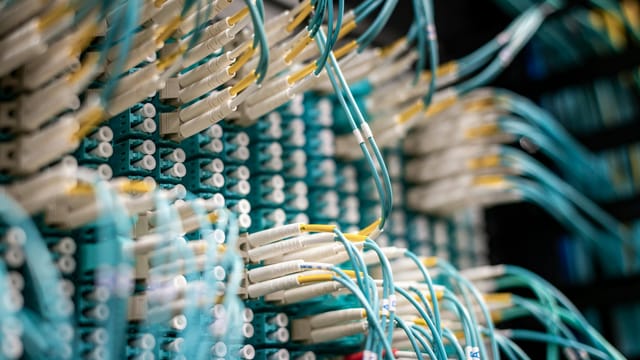 Detailed image of blue fiber optic cables in a data center with equipment connections.