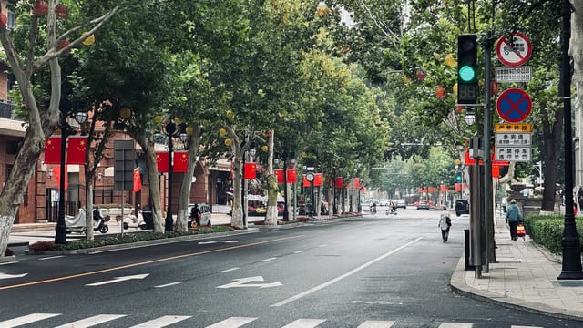 Tree-lined street adorned with Chinese flags in an urban setting, showcasing cultural ambiance.