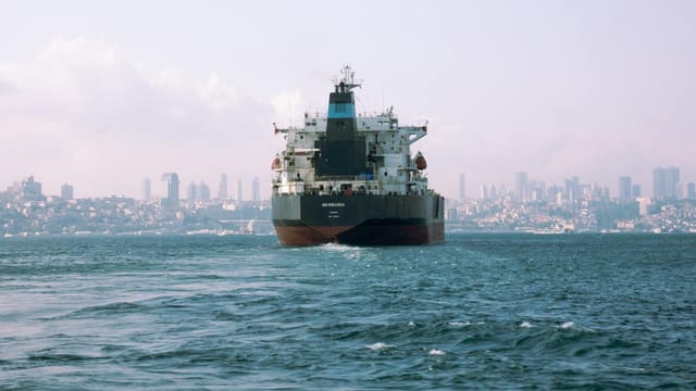 Large cargo ship sails through Istanbul's Bosphorus with city skyline in background.