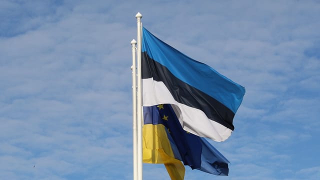 National flags of Estonia, Ukraine, and the EU waving against a clear blue sky. Symbolic and vibrant.