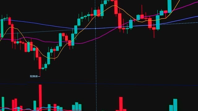 Colorful candlestick chart showing financial trends and data analysis on a digital display.