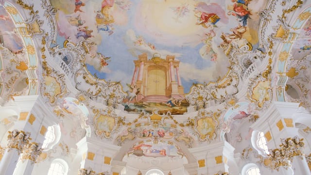 Intricate fresco and ornate designs on the ceiling of Steingaden Church, BY, Germany.