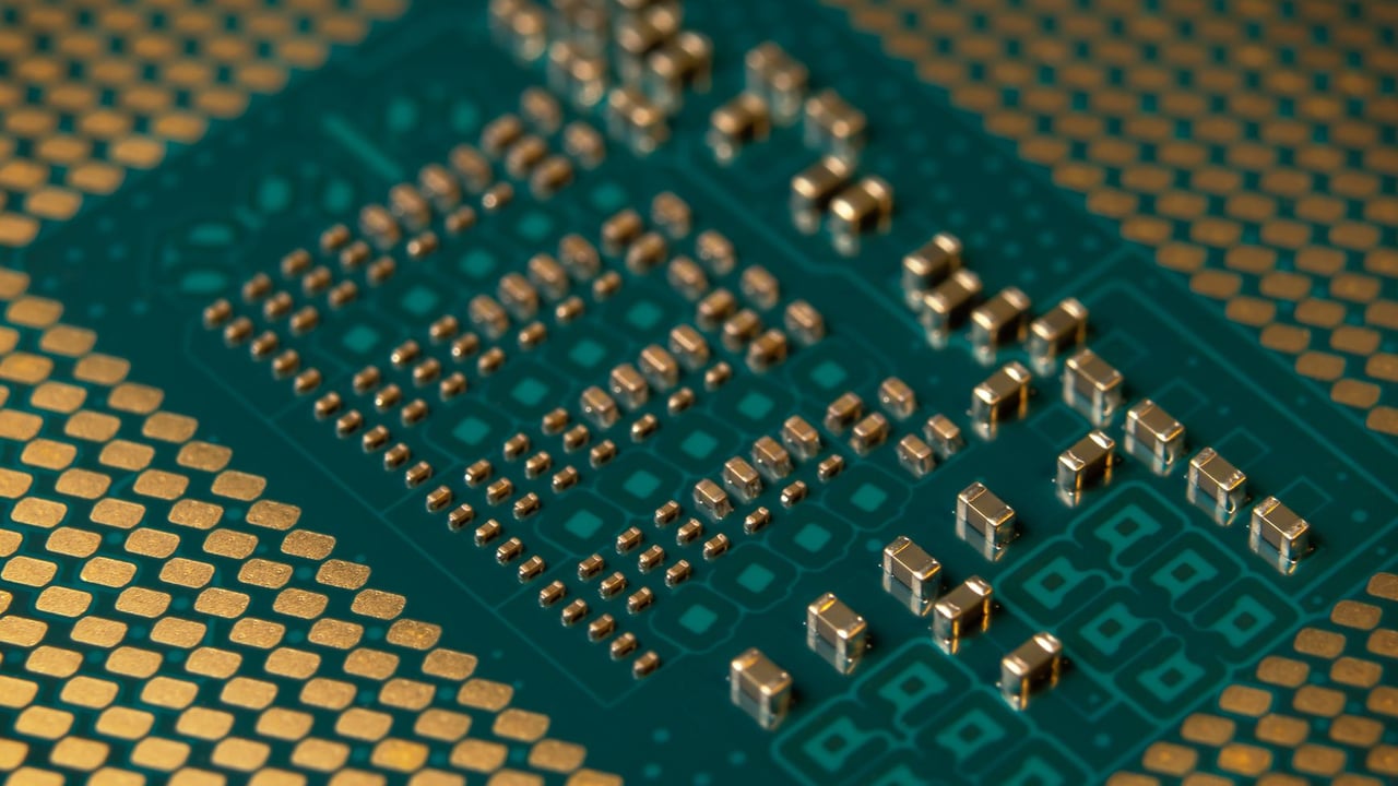 Detailed close-up of a microprocessor circuit board showcasing intricate circuitry and components.