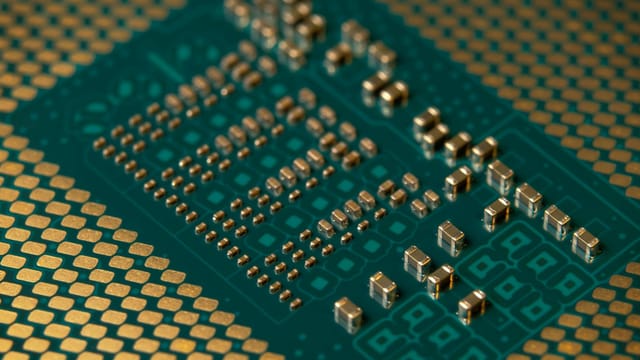 Detailed close-up of a microprocessor circuit board showcasing intricate circuitry and components.