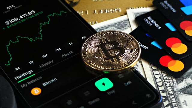 Bitcoin coin with financial data, credit cards, and currency on a desk.