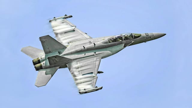 US Navy EA-18G Growler jet flying against a clear sky during an airshow.