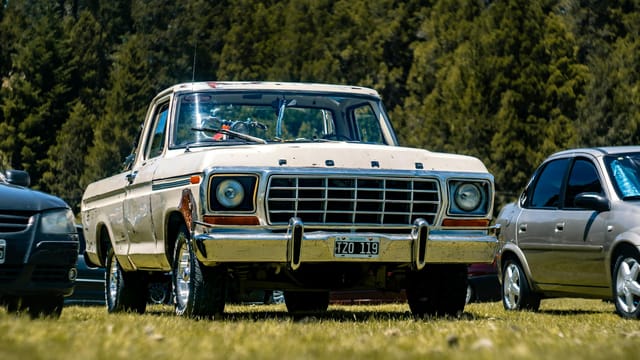 Classic Ford F-Series pickup truck parked outdoors in scenic El Bolsón, Argentina.