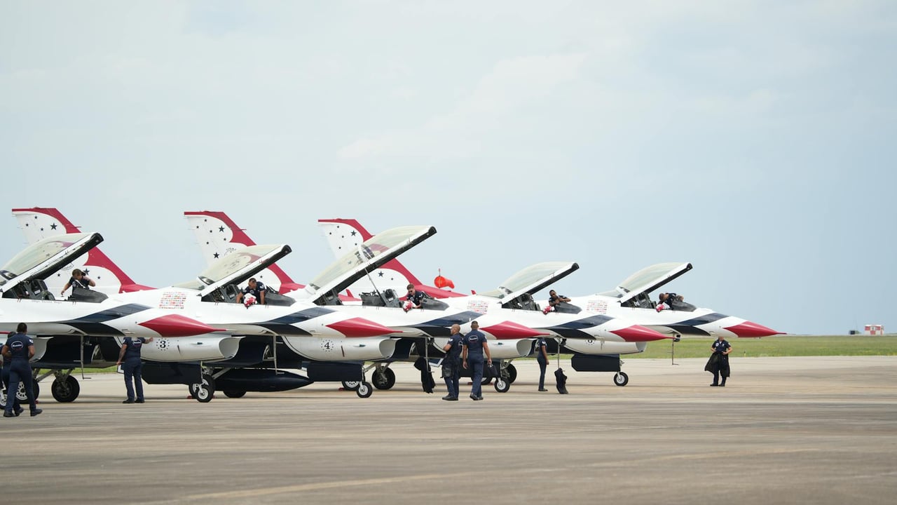 A lineup of US Air Force Thunderbirds preparing for an airshow in Hampton, Virginia.