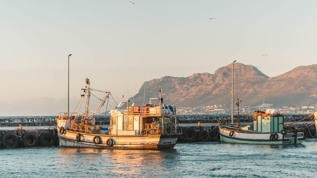 Tranquil scene of fishing boats moored at a marina with mountains in the background during sunrise.