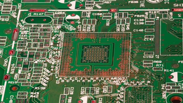 Detailed view of a green printed circuit board with visible components and connections.