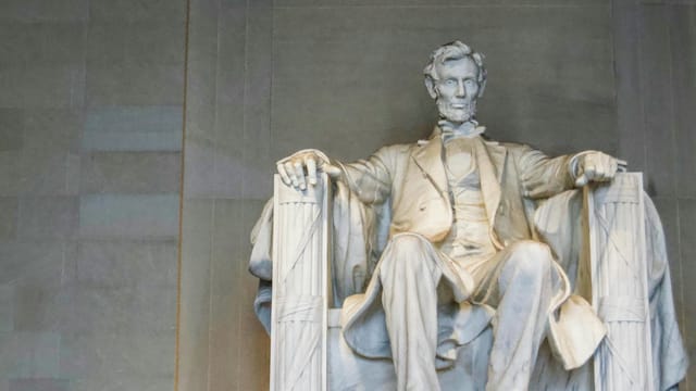 Close-up view of the iconic Lincoln Memorial statue in Washington D.C., USA.