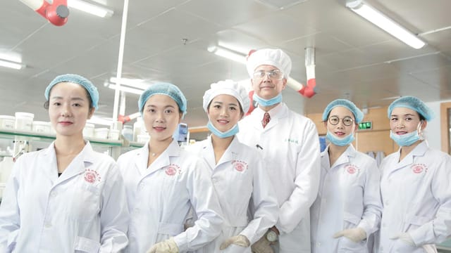 Team of healthcare workers in a laboratory wearing uniforms and safety gear.
