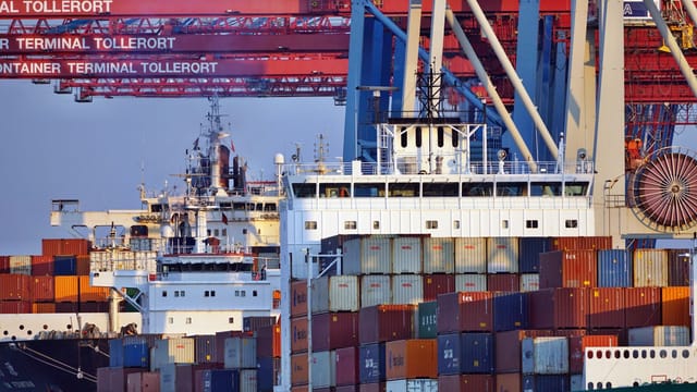 Illustrative image: Container ships docked at Tollerort Terminal, Hamburg during sunset.